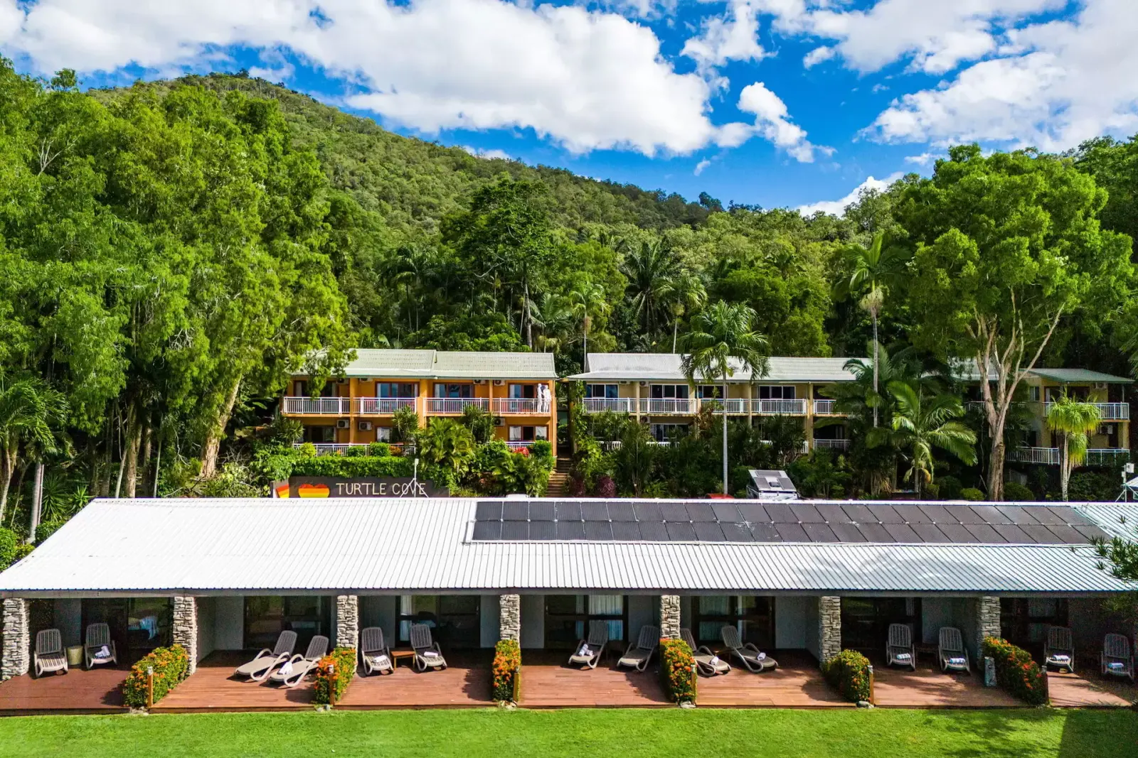 Aerial view of the accommodation wings and lawn