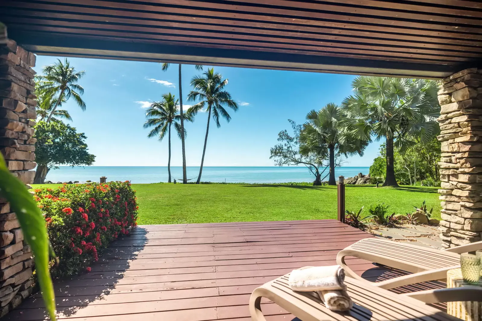 View from the pavilion deck across the lawn to the sea