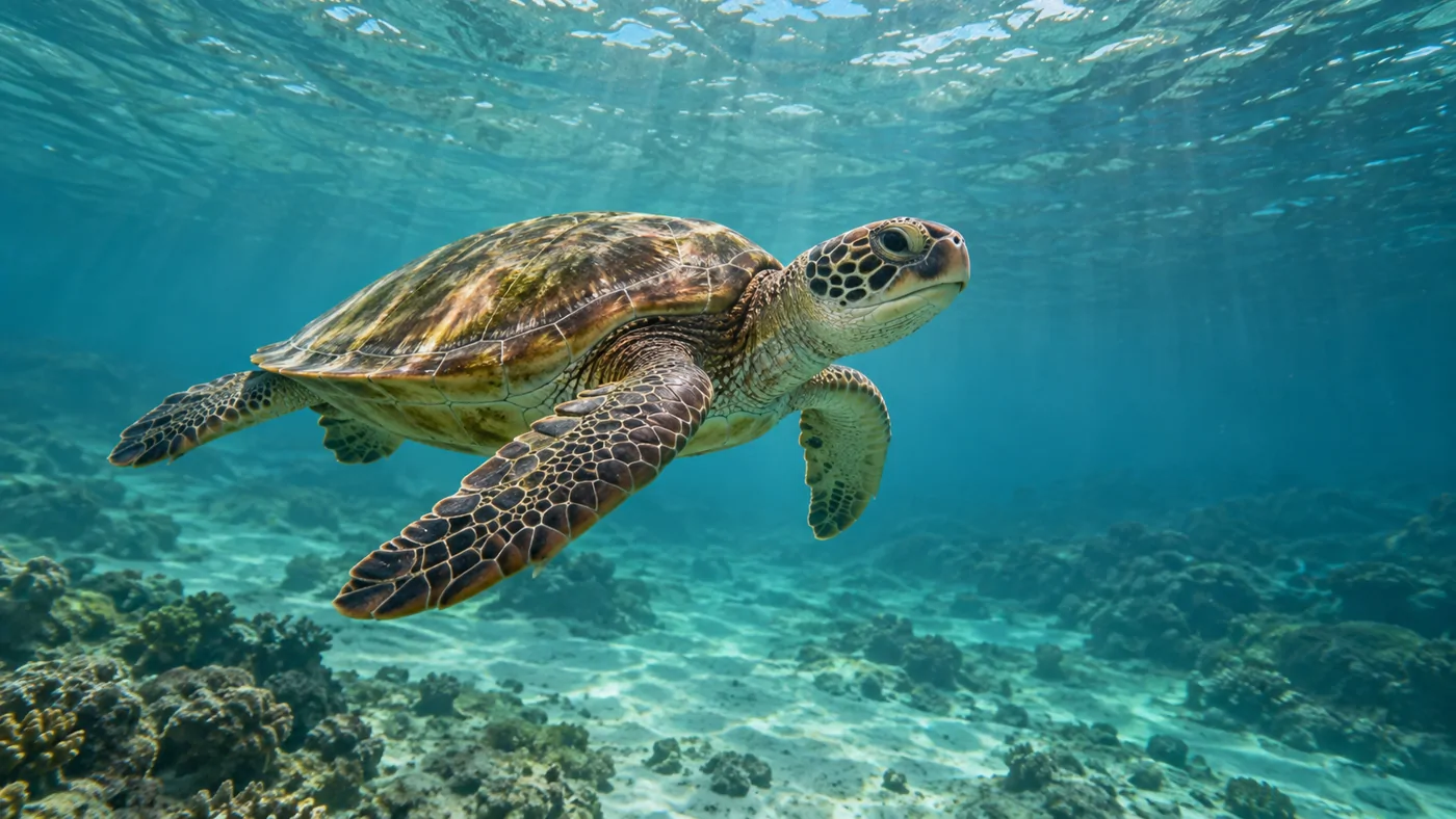 Sea turtle swimming through clear tropical Coral Sea water