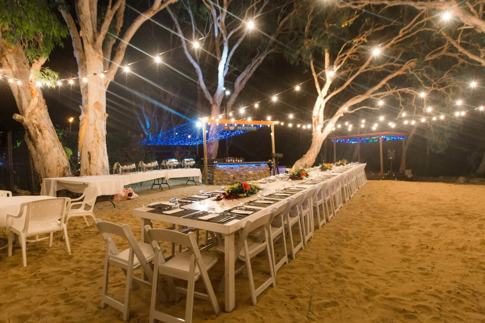 Long table dinner under festoon lights beneath the trees